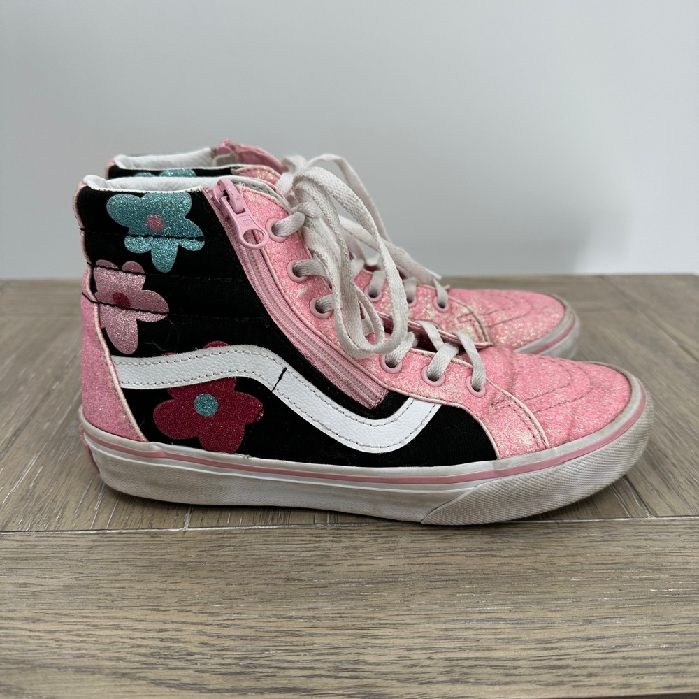 Vans Sk8-Hi Zip Pink Glitter Floral High Top Sneakers‎ Kids Size US 3.0